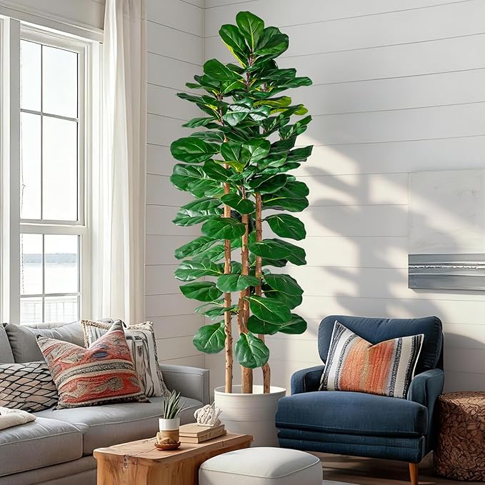 Artificial Fiddle Leaf Fig Tree 6FT, Faux Fig Tree Indoor with Natural Wood Trunk & Realistic Leaves with Moss Pot Fake Ficus Tree Large Faux Floor Plant for Living Room Home Decor, House Plant
