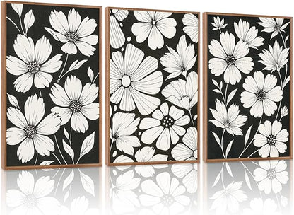 HLNIUC Abstract Black and White Framed Canvas Wall Art,White Flower Plant Poster,Modern Minimalist Floral Painting,Daisy Floral Canvas Art Print for Living Room Bedroom Office-16 x24 x3