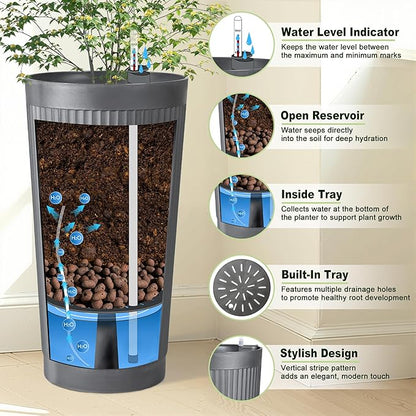 24" Tall Self Watering Planters for Indoor Plants, 2 Pack Large Plastic Outdoor Planter Pots with Built-In Water Reservoir and Level Indicator, Decorative Modern Flower Pots for Home & Patio (Grey)