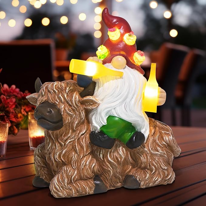 DKJOCKY Birthday Gifts for Women,Funny Garden Gnomes with Highland Cow Statues Decorations for Yard, Gnomes with Solar Lights Garden Decor, Friendships Birthday Gifts for Women Mom Unique
