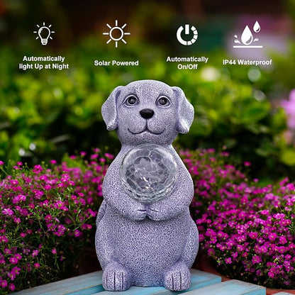 Dog Garden Statues - 8.4 Dog Decor with Gazing Ball LED Lights, Unique Gifts for Mom Grandma Birthdays, Outdoor Decor for Outside Lawn Porch Patio (Gray)