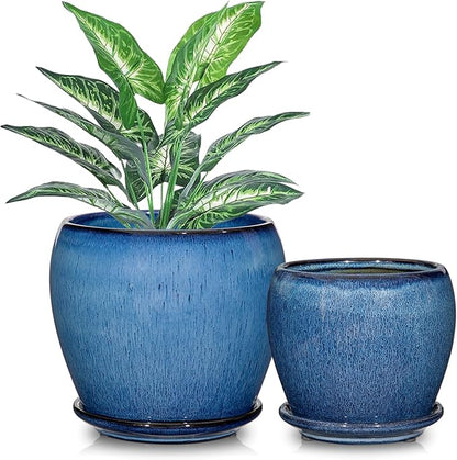 Blue Ceramic Planter Pots with Drainage Holes, 5 Inch + 4 Inch Set of 2, Flower Plants Pot with Saucers Tray Planter Garden Pot for Succulent Cactus Home Decoration Gift Indoor Outdoor