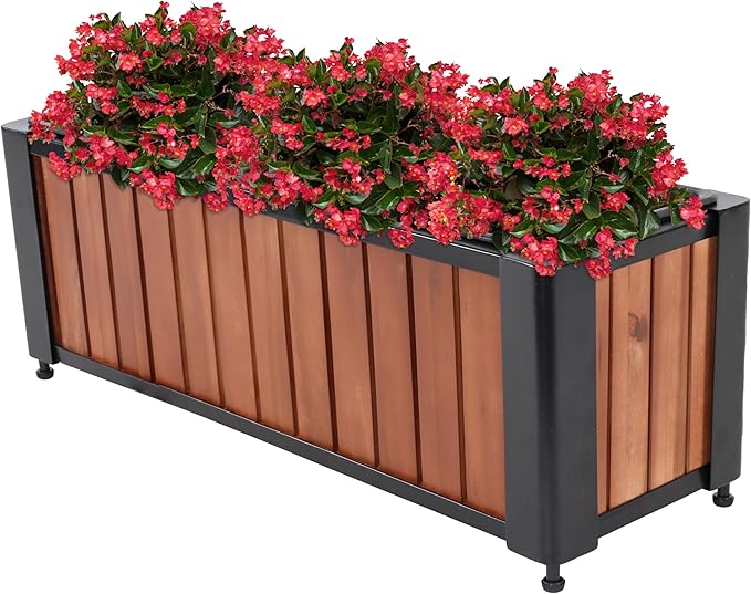 Sunnydaze Slatted Rectangular Wood Planter Box with Powder-Coated Steel Frame - 24" Acacia Wood Planter with Removable Liner - 3.7 Gal Capacity