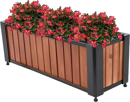 Sunnydaze Slatted Rectangular Wood Planter Box with Powder-Coated Steel Frame - 24" Acacia Wood Planter with Removable Liner - 3.7 Gal Capacity