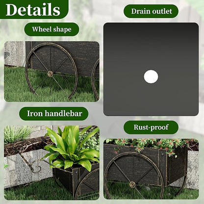 Small Raised Garden Bed Outdoor with Wagon Wheels, Metal Wagon Planter Box, Decorative Garden Planter for Flowers Herbs Vegetables, Flower Cart for Patio, Balcony (Retro Gold)