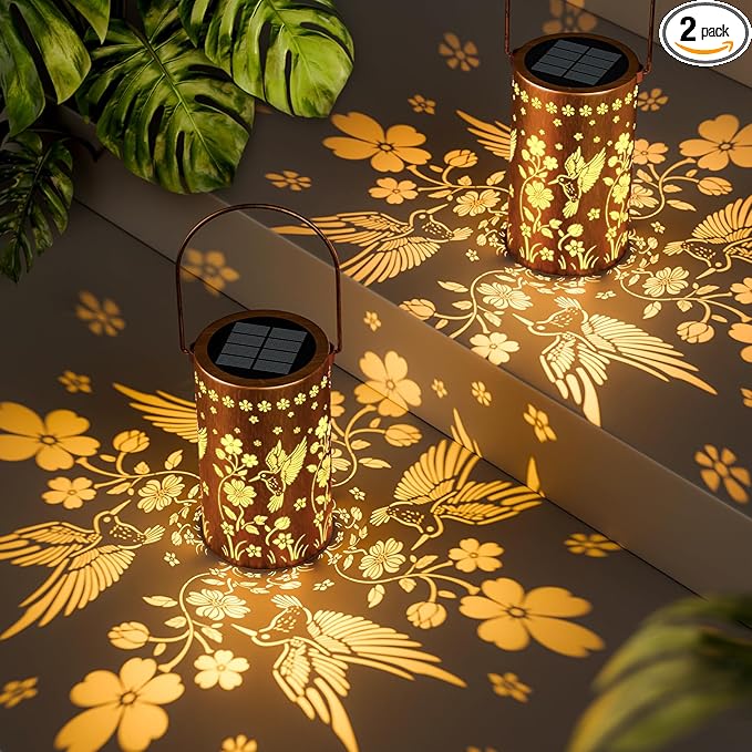 Solar Lanterns Outdoor Waterproof: 2 Pack Hummingbird Decor Valentines Day Gifts for Her - 2 Modes Vintage Metal Hanging Solar Lights for Outside Patio Porch - Gardening Gifts for Women Mom