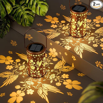 Solar Lanterns Outdoor Waterproof: 2 Pack Hummingbird Decor Valentines Day Gifts for Her - 2 Modes Vintage Metal Hanging Solar Lights for Outside Patio Porch - Gardening Gifts for Women Mom