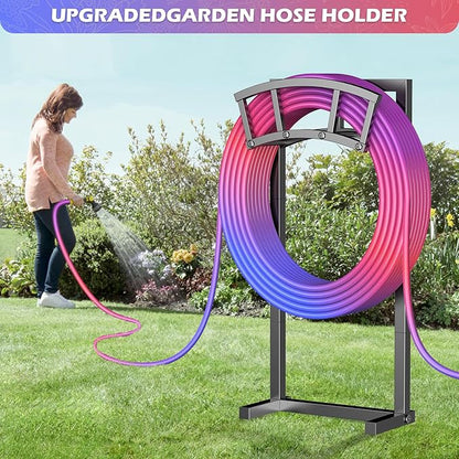 Garden Hose Holder Freestanding, Outdoor Heavy Duty Water Hose Holder Reel with 4 Spikes Holds 150-ft Water Pipe, Detachable Metal Hose Storage Stand Hanger Rack for Outside Yard Lawn Farm, Black