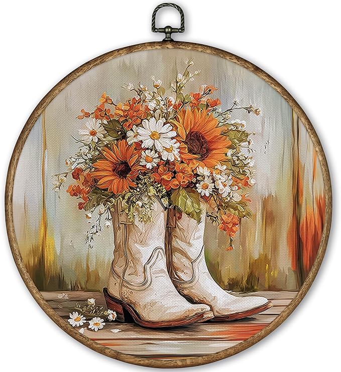 TLESKE Orange Western Cowgirl Round Wall Art Framed 10x10, Fall Sunflower Canvas Wall Art Prints Artwork, Preppy Autumn Wall Hanging Room Door Decor Decorations for Bedroom Living Room