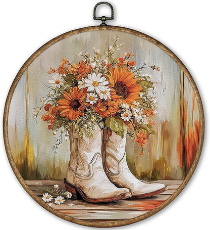 TLESKE Orange Western Cowgirl Round Wall Art Framed 10x10, Fall Sunflower Canvas Wall Art Prints Artwork, Preppy Autumn Wall Hanging Room Door Decor Decorations for Bedroom Living Room