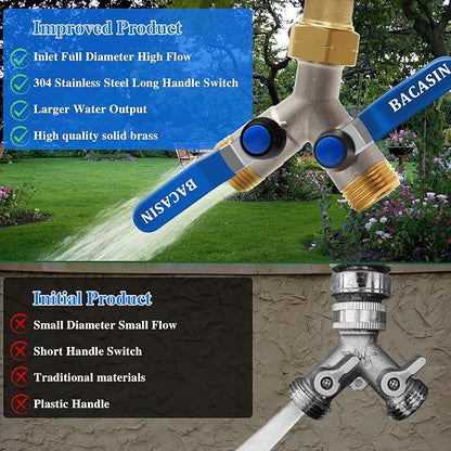Brass Garden Hose Splitter, Garden Hose Splitter 2 Way Heavy Duty, With 2 304 Stainless Steel Extension Handles, 2-Way Y-Valve 3/4” GHT Threads (Increase Flow Style)