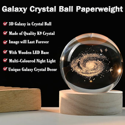 IFOLAINA 3D Galaxy Crystal Ball 2.36" Laser Engraved Glass Planet Sphere Gifts with Colorful Lighted Base Decorative Glass Ball Galaxy Model Decor Space Universe Gifts for Astronomy Lover