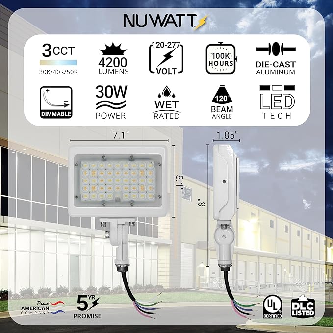 NUWATT 30W LED Flood Light, 3CCT 3000K/4000K/5000K Selectable, IP65 Waterproof Lighting, Adjustable Knuckle Mount, 4200LM, 0-10V Dimmable, 120-277V, Outdoor Security Floodlight for Yard, White, UL