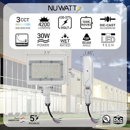 NUWATT 30W LED Flood Light, 3CCT 3000K/4000K/5000K Selectable, IP65 Waterproof Lighting, Adjustable Knuckle Mount, 4200LM, 0-10V Dimmable, 120-277V, Outdoor Security Floodlight for Yard, White, UL