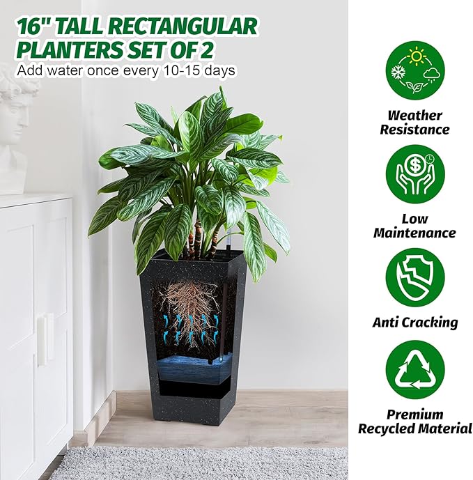 22.5'' Tall Planters for Outdoor & Indoor, Self Watering Plant Pots Set of 2 with Water Level Monitor & Drainage, Automatic Watering for Patio Garden, Black