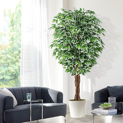 6.2ft Ficus Artificial Trees with 3 Natural Curved Trunks, 74" Tall Lush Faux Tree for Home Decor Indoor, Green Lifelike Fake Ficus Tree 1pcs