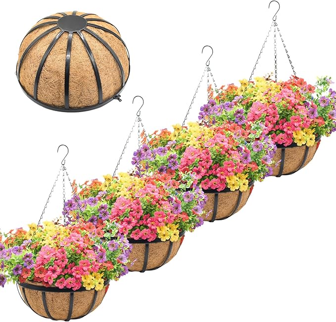 4 Pack 14 Inch Hanging Planters for Outdoor Plants Metal Hanging Planter Basket with Coco Coir Liner Round Plant Black Flat Iron Metal Flower Pots for Deck Patio Porch Garden Balcony