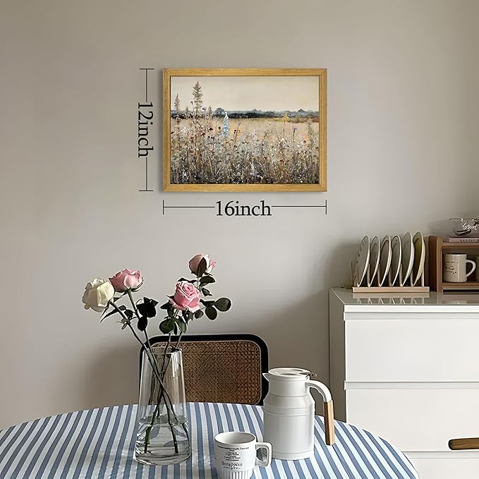 Framed Canvas Wall Art Vintage Wall Decor Landscape Nature Country Wildflower Paintings Bathroom Decor Oil Pictures Modern Farmhouse Cottagecore Print Poster French Country Vintage Painting 12x16 Inch