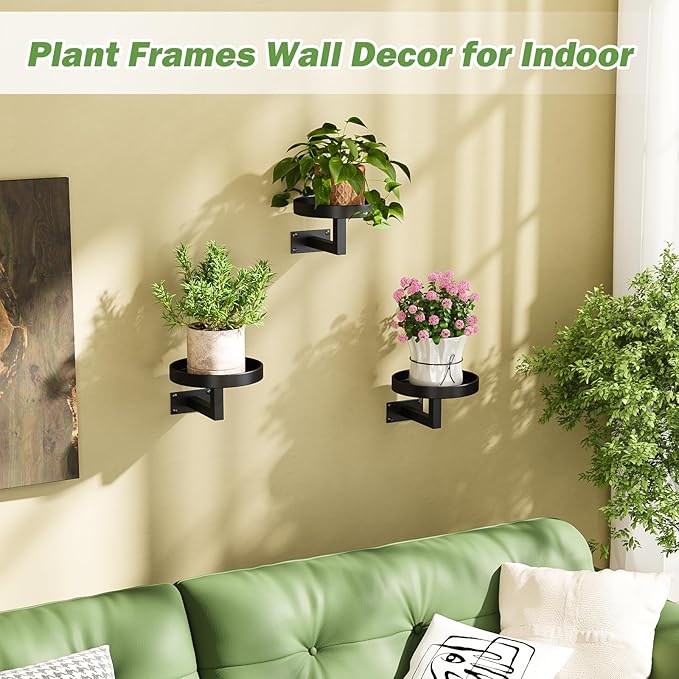 Gezen 3 Pack Wall Plant Holder, Plant Frames Wall Decor, Float Metal Rack for Indoor Plants, Round Display Shelves Hanging Planter for Outdoor