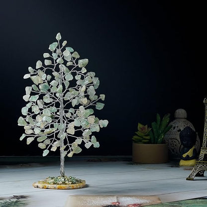 Green Jade Chakra Tree of Life - Crystal for Positive Energy, Geode Agate Slice Base, Handmade Gemstone Bonsai - Feng Shui Decor, Wire Money Tree - Green Healing Crystals, Spiritual Gift