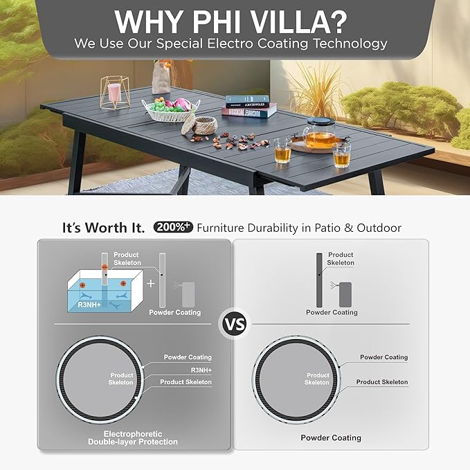 PHI VILLA 9 Pieces Outdoor Dining Set for 8, 84" Long Expandable Metal Table & Heavy-Duty Wrought Iron Chairs with Cushions, Large Furniture Set for Patio, Deck, Yard, Porch - Black