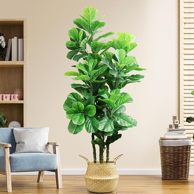 ROOMTEC Artificial Fiddle Leaf Fig Tree,6 FT Tall Artificial Tree with Woven Seagrass Plant Basket Fake Floor Plant in Pot for Home Decor Living Room Indoor Outdoor Office Bedroom Decor