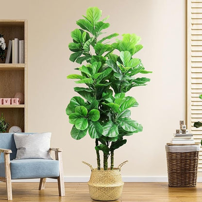 ROOMTEC Artificial Fiddle Leaf Fig Tree,6 FT Tall Artificial Tree with Woven Seagrass Plant Basket Fake Floor Plant in Pot for Home Decor Living Room Indoor Outdoor Office Bedroom Decor