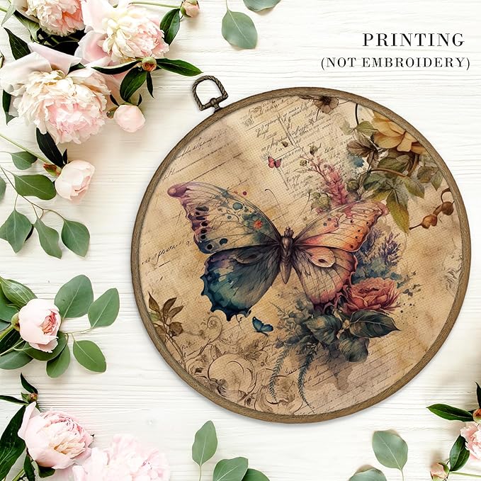 MAQIKA Vintage Butterfly Flower Framed Wall Art Decor, Retro Botanical Round Wall Hanging Decor, Canvas Prints Wall Art for Farmhouse Bedroom Living Room, 10x10 Inch