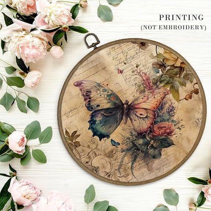 MAQIKA Vintage Butterfly Flower Framed Wall Art Decor, Retro Botanical Round Wall Hanging Decor, Canvas Prints Wall Art for Farmhouse Bedroom Living Room, 10x10 Inch