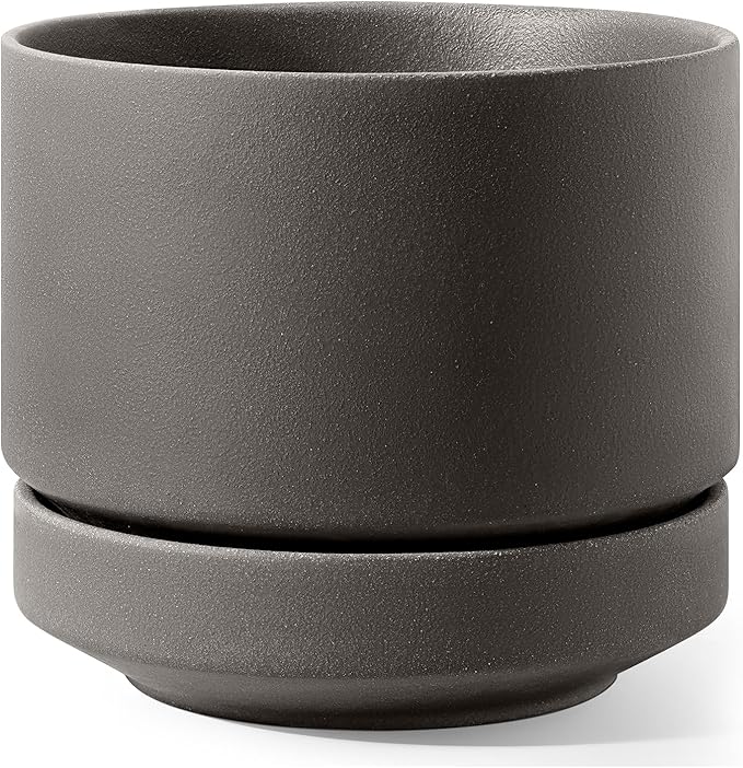 LE TAUCI 12 Inch Pot for Plants with Saucer, Ceramic Indoor Planter Pot with Drainage Hole, Mesh Pad & Plug Included, Unglazed Porous Ceramic, Modern for Home and Office, Charcoal Gray