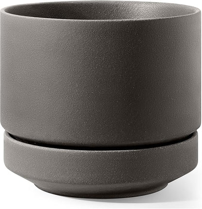 LE TAUCI 12 Inch Pot for Plants with Saucer, Ceramic Indoor Planter Pot with Drainage Hole, Mesh Pad & Plug Included, Unglazed Porous Ceramic, Modern for Home and Office, Charcoal Gray