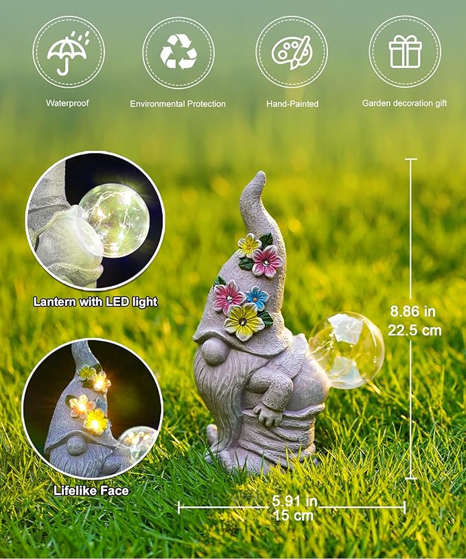 Funny Garden Gnome Statue: Outdoor Figurine Lights for Home Yard Lawn Porch Balcony Patio - Gardening Chrismtas Gifts for Women Mom Grandma