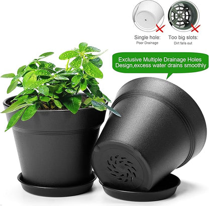 6 Pack Plastic Plant Pots with Drainage Holes and Tray, 7 inch Thickened Indoor Planters Seedlings Nursery Pots for Flowers, African Violet, Succulent and All House Plants, Black