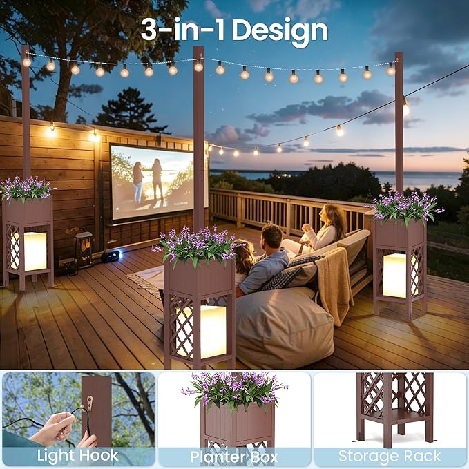 2PCS Outdoor String Light Poles with Planter Box,8.6FT H Posts for Patio String Lights,Decorative Lattice Wood Planter Stand with Bottom Storage Shelf,for Patio Porch Balcony Garden Accent