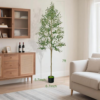 7 FT Olive Trees Artificial Indoor, Faux Olive Tree 7 Feet with Natural Wood Trunk Branches and Lifelike Fruits, Realistic Fake Tree Artificial Plants Tall with Planter for Home Office Decor