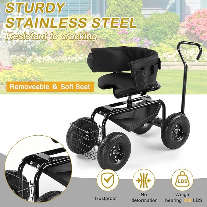 Outvita Rolling Garden Seat with Wheels, Gardening Stool with Height Adjustable 360 Degree Swivel Seat, Ergonomic Backrest, Tool Tray & Storage Basket, Outdoor Gardening Scooter Cart for Patio, Black