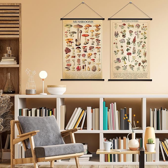 Geosar 2 Pcs Vintage Mushroom Flower Butterfly Tree Poster Fungus Rustic Wall Hanging Illustrative Reference Chart Poster for Bedroom Living Room, 15.7 x 23.6 Inch(Mushroom,Flower)