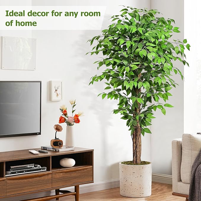 6.2ft Ficus Artificial Trees with 3 Natural Curved Trunks, 74" Tall Lush Faux Tree for Home Decor Indoor, Green Lifelike Fake Ficus Tree Plants (Set of 2)