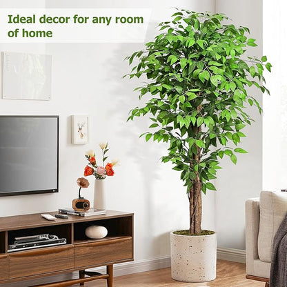 6.2ft Ficus Artificial Trees with 3 Natural Curved Trunks, 74" Tall Lush Faux Tree for Home Decor Indoor, Green Lifelike Fake Ficus Tree Plants (Set of 2)