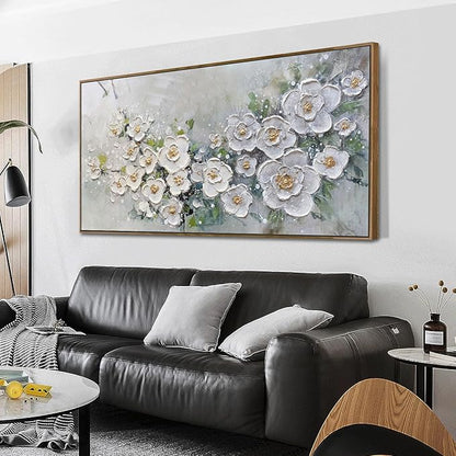 Brushart Large White Flower Wall Art Textured Floral Canvas Wall Art Decor Pictures Paintings Artwork for Living Room Dining Room Bedroom Home Office, Framed 48"x24"