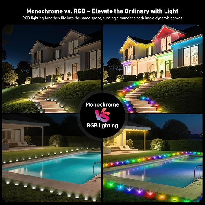 RGB Outdoor Ground Lights, 100Ft Color Changing Pathway Lights with Remote & App Control, Waterproof Walkway Lighting, Wired for Garden Yard Lawn Patio Best for Holiday Party