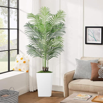 6ft Artificial Palm Tree with White Planter-Tall Artificial Indoor Plants, Fake Tropical Palm Tree, Faux Silk Plants for Home Office Living Room Bedroom Modern Decor