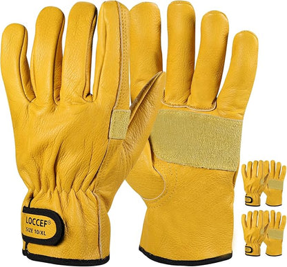 LOCCEF 2 Pairs Leather Work Gloves for Men and Women,Cowhide Leather Gloves Utility Working Gloves