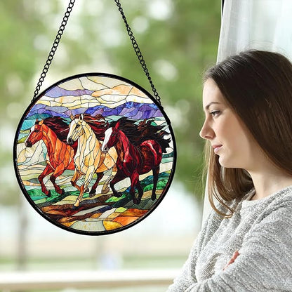 Stained Glass Window Hanging, Colorful Landscape Running Horse Suncatcher for Doors Window Home Sun Catchers Decoration Mother's Day Birthday Gifts for Women, Men, and Mom 11.8x11.8 in