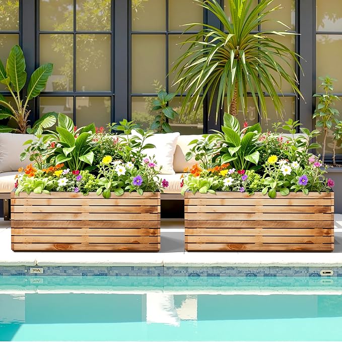 FENCY Metal Planter Box, Large Rectangular Planters for Outdoor Plants, Outdoor Tall Planters with Drainage Holes, Walnut Finish Metal Planters (38" L x 15" W x 16.3" H)