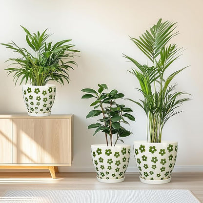 Indoor Plant Pots - 10+8+6 Inch Ceramic Planters for Indoor Plants, Boho Round Ceramic Flower Pots with Drainage Holes and Saucers, Housewarming Gifts, Home Decor, Set of 3, White