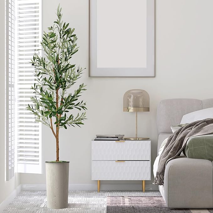 Artificial Tree in Modern Swirl Pattern Planter, Fake Olive Silk Tree for Indoor and Outdoor Home Decoration - 68" Overall Tall (Plant Pot Plus Tree)