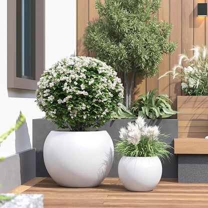 13.5 H x 17" Dia (12" Pot Opening) Round Fiberstone Planter with Drainage Hole, White, Indoor/Outdoor Large Plant Pot for Home Patio Garden, Ideal for Large Plants