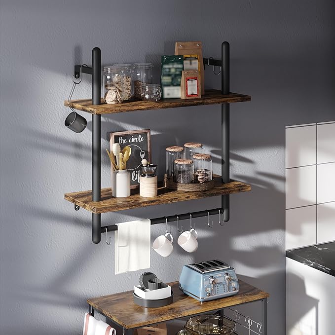 Bestier 24" Floating Kitchen Shelves Wall Mounted 2 Tier Coffee bar Shelves with 8 Hooks, Industrial Wall Shelf for Kitchen, Living Room Bedroom, Rustic Brown