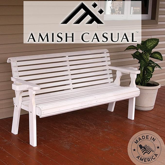 Amish Casual Heavy Duty Pressure Treated 4 Foot Outdoor Garden Bench with Cup Holders - Amish Crafted Roll Back Design in White Stain, 700 Lb Weight Capacity